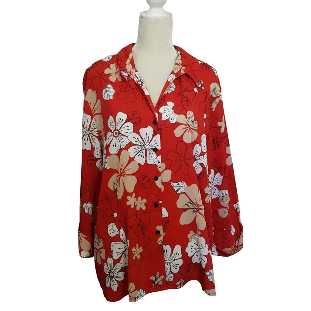 Vtg Apparenza Women's Top Shirt 2X Button Front Red floral 3/4 Cuffed Sleeve - Picture 1 of 8